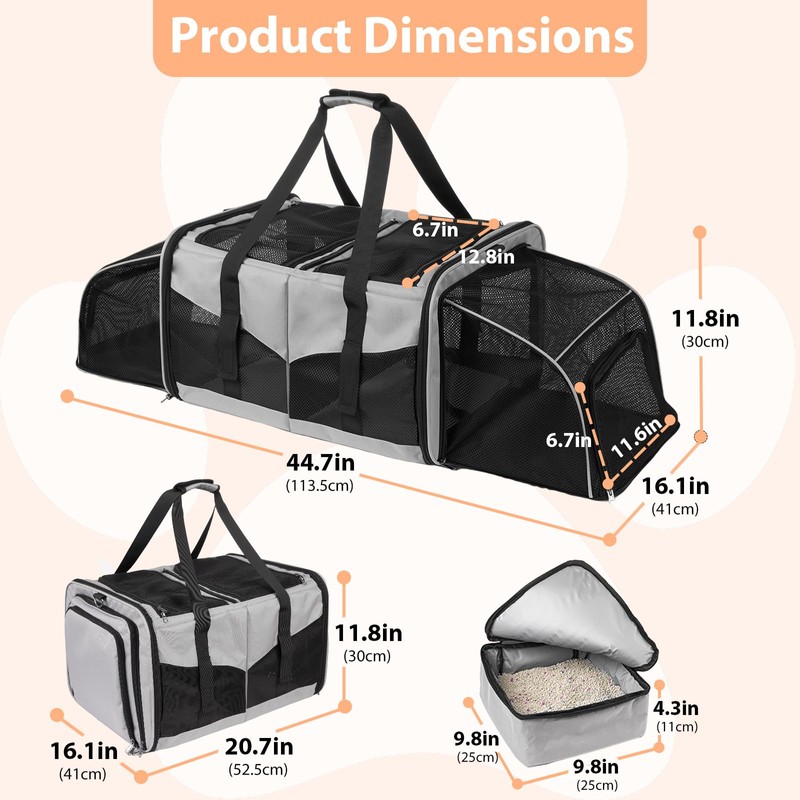 A.FATI Cat Carrier for 2 Cats, Grey 30lbs Capacity, Expandable