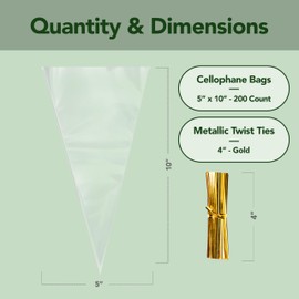 Seal Fresh Cone Cellophane Bags with Twist Ties - 5" x 10" (200 Count) - Clear Cone Shaped Treat Bags Cellophane Triangle Candy Bags - Cone Shaped Cellophane Treat Bags, Cone Cello Bags, Cone Treat Bags with Ties, Cone Shaped Favor Bags
