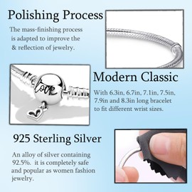 Jokmeo Snake Link Bracelet 925 Sterling Silver Women's Bracelet for Charm Beads, Silver Jewellery for Valentine's Day, Mother's Day, Birthday, Christmas, Gift for Women (Love), Silver