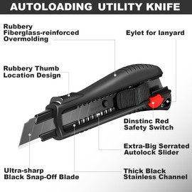 HAUTMEC Pro 18mm Black Auto-Lock Utility Knife Set Including 10pcs Ultra Sharp Black Snap-off Blades in Case, HT0094-KN