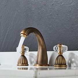 Antique Brass Bathroom Faucet Gold Three Holes Widespread Crystal Handle Bathroom Sink Faucets Retro Vintage Lavatory Vanity Faucet