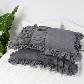 Softta 20x36 Gray Ruffle Bow Decoration Pillow Covers 2pcs Pillowshams Farmhouse 100% Cotton Grey Boho Retro Pillows Cases King/Cal King (NO Comforter NO Filling) Gray