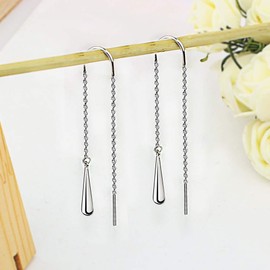 Meyiert 925 Sterling Silver Teardrop Drop Needle Drop Threader Pull Through Earrings for Womens (White)