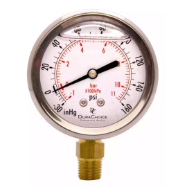 DuraChoice 2-1/2" Oil Filled Pressure Gauge, SS Face, 1/4" NPT, Lower Mount, -30HG/160PSI
