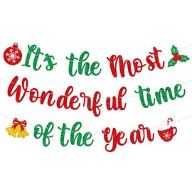 It's The Most Wonderful Time of The Year Banner,Glitter Pre-Strung Merry Christmas Banner with Christmas Bell Holly Berries Hot Cocoa Coffee Cup Sign for Winter Party,Happy Holidays Decorations