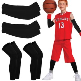 CIATBYYJ 2Pairs Youth Basketball Arm Sleeves and Leg Sleeves 8-12 Years, Kids Compression Leg and Arm Sport Sleeves Non Slip, Boys Breathable Arm Cover Sleeves for Basketball Baseball Running Black