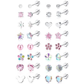 Diamday 16 Pairs Small Stud Earrings Set for Women Girls Surgical Steel 20G Small Cartilage Stud Earrings CZ Heart Flower Star Multicoloured Ball Screwback Stud Earrings Set with Flat Back, Stainless