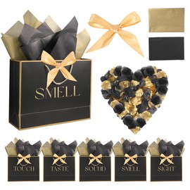 5 Senses Gift Bags for Him Her Five Senses Gift Bags with Ribbon Handles Tissue Paper Petals Black Gift Bag for Birthday Anniversary,Wedding,Valentine's Day