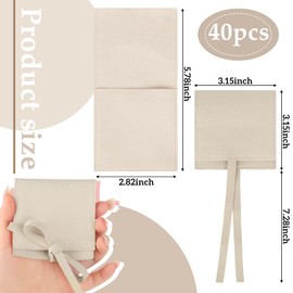 40 Pcs Microfiber Jewelry Pouch 8x8 cm Jewelry Packaging Bag Luxury Small Jewelry Gift Bags Bow Tie Microfiber Bag for Bracelet Necklace Packaging, Envelope Style with String and Divider (Beige)