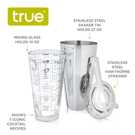 True 3-Piece Barware Set for Mixed Drinks and Cold Brew Cocktails, Includes Cocktail Shaker Tin, Cocktail Mixing Glass with 7 Printed Recipes, and Hawthorne Strainer, Home Bar Tools, Bartender Gifts