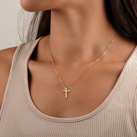 Gold Necklace for Women Trendy - 14K Gold Plated Dainty Cross Pendant Birthstone Necklaces, May Birthstone Necklace, Created Emerald Necklaces for Women Jewelry Gifts