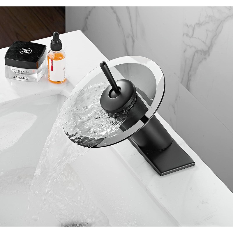 Bathroom Faucet Black Glass Spout Waterfall Single Handle One Hole