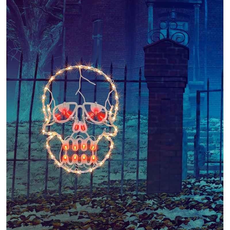 TWINGLEHOME 13.3" Lighted Skull Halloween Window Silhouette, 50 Mini Lights
