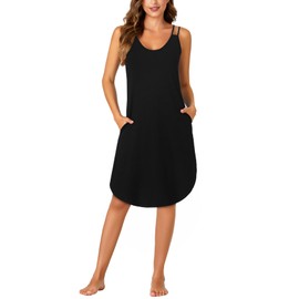 LYANER Women's Spaghetti Strap Round Neck Nightgown Sleeveless Sleepshirt Nightdress with Pocket Black Medium