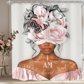 MESHELLY Black Girl Shower Curtain 72Wx72H Gray Pink Shower Curtain Peony Floral African American Motivational Quotes Bathroom Curtain Grey Butterfly Fabric Bathroom Accessories Decor with 12 Hooks