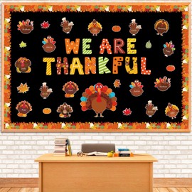 YUUIKLLE 97pcs Thanksgiving Turkey Bulletin Board Decoration Set Fall Turkey Pumpkin Maple Leaf Autumn Harvest Bulletin Board Cutouts,for Home Office School Chalkboard Wall Door Decor