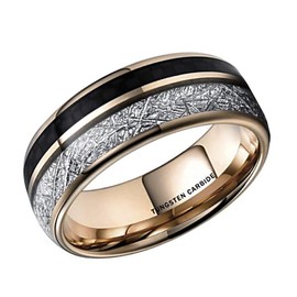(8mm) Unisex, Women's OR Men's Tungsten Wedding Ring Band. Domed Rose Gold band with Duo Black Carbon Fiber and Inspired Meteorite Inlay. Comfort Fit. One Year Warranty Included. (12)