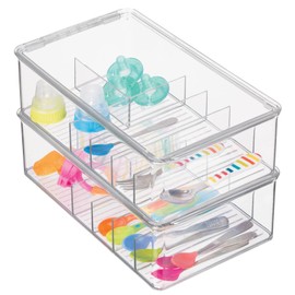 mDesign Stackable Plastic Storage Organizer Container for Kitchen Cabinets, Pantry, Countertops - Holds Kids, Child/Toddler Mealtime Sets, Small Accessories - 6 Sections - BPA Free, 2 Pack - Clear