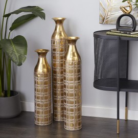 Deco 79 Metal Tall Distressed Metallic Vase with Etched Grid Patterns, Set of 3 35", 30", 25"H, Gold