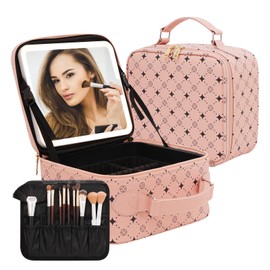 Travel Makeup Bag With 360° rotating LED Mirror,Waterproof cosmetic organizer,Portability Cosmetic case,Makeup organizer,Gift for Women,Girls Gift (Pink)