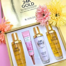 K-Solegio 24K Gold Collagen High Moisturizing Skin Care Set (Skin + Lotion + Essence + Cica Eye Cream), 1 Set / 케이솔레지오 24K 골드 콜라겐 고보습 스킨케어 세트 (스킨+로션+에센스+시카 아이크림), 1세트