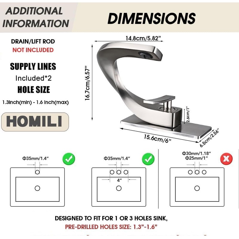 HOMILI Brushed Nickel Bathroom Sink Faucets,Single Hole Vanity Faucet Brass