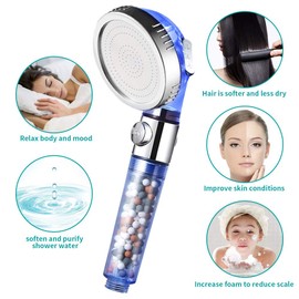 MIAOHUI Blue Zenbody Shower Head with Filter Beads, 3 Modes Showerhead with On Off Switch, Handheld Eco Water Spa Shower Head with Hose, Adjustable Bracket, Self-adhesive Holder