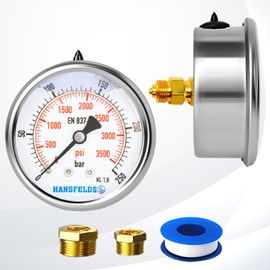 Hansfelds 0-250bar Pressure Gauge Liquid Filled 1/4''BSP Back Mount 63mm Dial Face stainless steel case Brass Connection Dual Scale bar/psi Accuracy1.6,2Pieces Bushing reducer 1/4"to 3/8",1/4"to1/2"