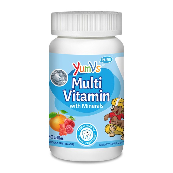 YumVs MultiVitamin Chewable Jellies (Gummies) for Kids, Fruit Flavor (60 Ct); Dietary Supplement w/Vitamins & Minerals- Vitamin D 600 IU, Vitamins B12, B6, E, C, A, Zinc, Kosher, Halal, Gluten Free