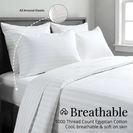 Bluemoon Homes 100% Egyptian Cotton Sheets Stripe Queen Size - 1000 Thread Count Damask Sheets Queen Size Bed Sheet Set, Long Staple Bedding Sheet, Sateen Weave, Fits Upto 18" Mattress - White