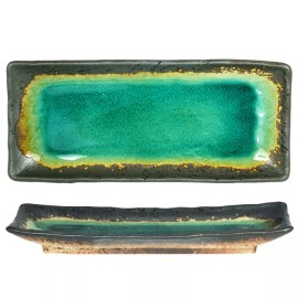 Japanese Sushi Sashimi Dinner Plate 11.25"L Ceramic Green Rust Kosui Crackle
