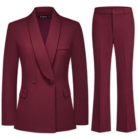 TRONSTORE Women's Business Suit 2 Piece Set Shawl Sollar Blazer Bootcut Pants Suits for Women Wine Red M