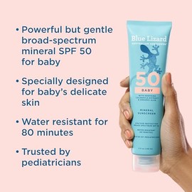 Blue Lizard BABY Mineral Sunscreen with Zinc Oxide, SPF 50+, Water Resistant, UVA/UVB Protection with Smart Cap Technology - Fragrance Free, 5 oz. Tub