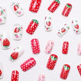 Strawberry Press on Nails Short Square Fake Nails Spring Acrylic Stick on Nails Flower Glue on Nails Cute Artificial False Nails Gloss Full Cover Press on Nails Reusable Nails Kit for Women Girl 24Pcs