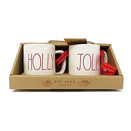 DR Rae Dunn by Magenta Set of 2 Holly Jolly Ceramic LL Red Letter Mini Mug Christmas Tree Ornaments