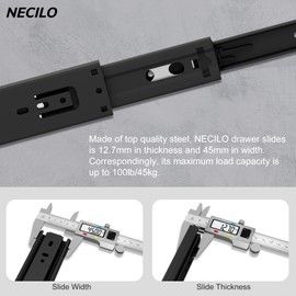 NECILO Black 250mm Residential Drawer Runner, 45kg Load Capacity Full Extension Ball Bearing, Replacement Slides for Kitchen, Home, Office Drawers, Side Mount, 1 Pair(2 Packs)
