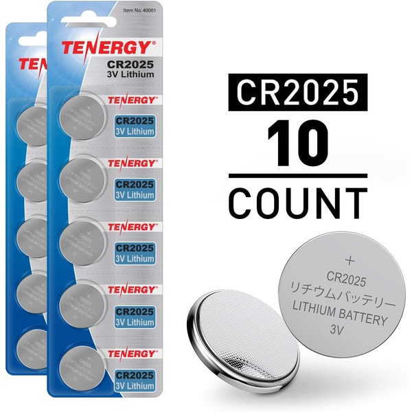 Tenergy CR2025 3V Lithium Button Coin Cell Batteries, Ideal for Key Fob Battery cr2025, Watches, Calculators, Thermometers, Glucometers, and More, 10 Pack