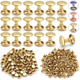 PECMER 100 Sets Double Cap Rivets for Leather Crafting-Tubular Fasteners for Crafts Leather Rivet Kit -9mm Round Rapid Rivet for Fabric Purse Shoes Belts Repair Pale Gold