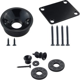 Wwomusic Black Metric Thread Electric Guitar Jack plate for Fender Tele Telecaster Style Guitar,Thick Metal Guitar Neck Plate with Screws,2 PCS Guitar Strap Buttons with Strap Blocks