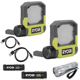 Buho USB LED Lithium Flip Light Bundle with 2 Each Ryobi Flip Lights, 2 USB Lithium 2.0 Ah 4-Volt Lithium-ion Batteries, Charging Cables Pocket Flashlight