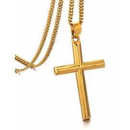 murtoo Gold Cross Pendant Necklace for Men, Stainless Steel Mens Necklaces Chain with Cross, Stylish Gift for Men Him (Gold, 24")