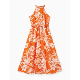 PATPAT Family Luau Matching Outfits Mommy and Me Beach Dresses Tropical Palm Leaf Print Halter Neck Sundresses Matching Hawaiian Outfits for Couples Orange Floral Vacation Hawaiian Dresses for Women L