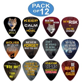 Creanoso Acoustic Guitar Picks Courage Wolf (12-Pack) - Medium Gauge Celluloid - Premium Music Gifts & Guitar Accessories for Boys Son Men Him Husband Dad Boyfriend Musician Gift