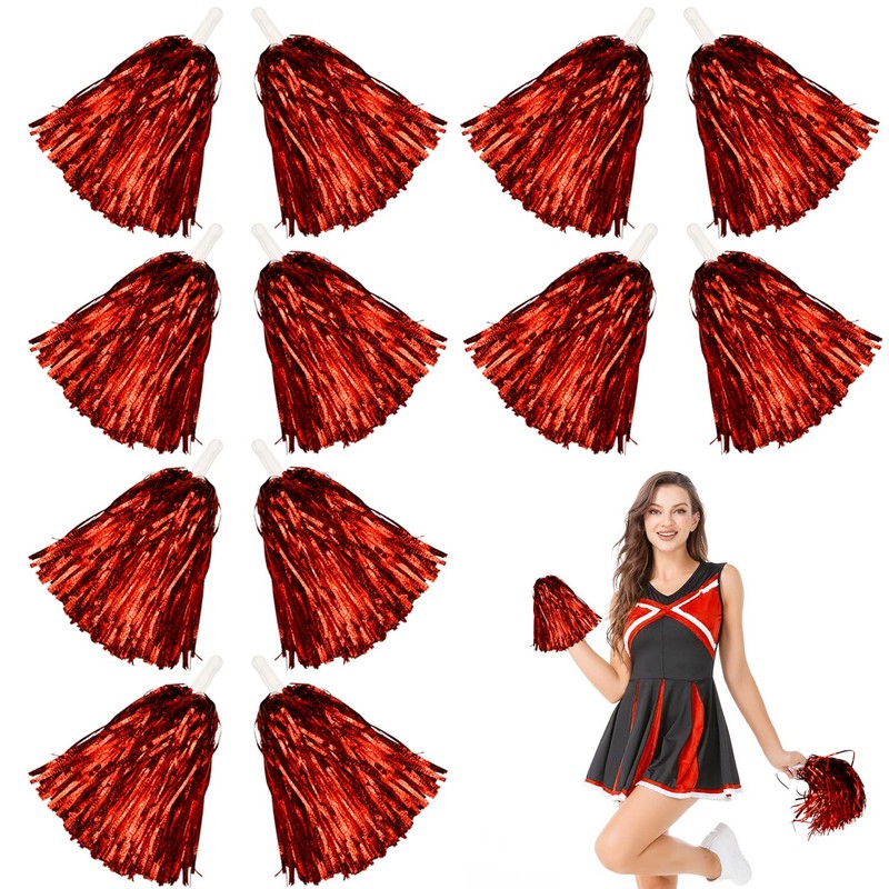 Lovecheer 24PCS Red Pom Poms Cheerleading Fluffy Metallic Cheer Pom
