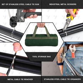 TOMSHUB Stainless Steel Cable Tie Gun Kit,Heavy Duty Outdoor Adjustable Fastening Metal Zip Ties Tool Sets With 200 Pcs Self-Locking Stainless steel zip ties For Chain Link Fence Exhaust Pipe Etc