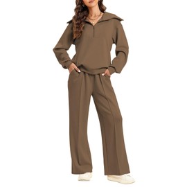 Aleumdr Two Piece Outfits Half Zip Sweatshirt Sweatsuit Fleece Lounge Sets for Women Matching Set Oversized Pullover Wide Leg Sweatpant Tracksuit 2024 Fall Fashion Travel Athletic Clothing Brown