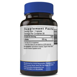 Rejuvenation Therapeutics L-Serine 500 mg, 30 Vegan Capsules - Non-GMO, Rice-Free, Gluten-Free