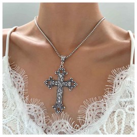 Andelaisi Boho Exaggerated Cross Choker Necklace Vintage Large Cross Pendant Necklace Punk Big Cross Necklace Gothic Religious Christian Necklace Chain Jewelry for Women