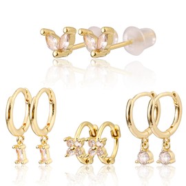 4 Pairs Gold Earring Set, Dainty Small Hoop Earring Kit Stacks Trendy Flower and Leaf Stud Earrings Dangle Huggie Hoop Diamond Cartilage Earrings Drop Jewelry Gift for Women Ladies Multipack