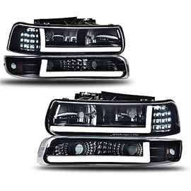 PIT66 LED DRL Headlights, Compatible with Chevy Silverado 1999-2002/ Suburban Tahoe 2000-2006 Headlamp, Smoky lens Black Housing Amber Reflector